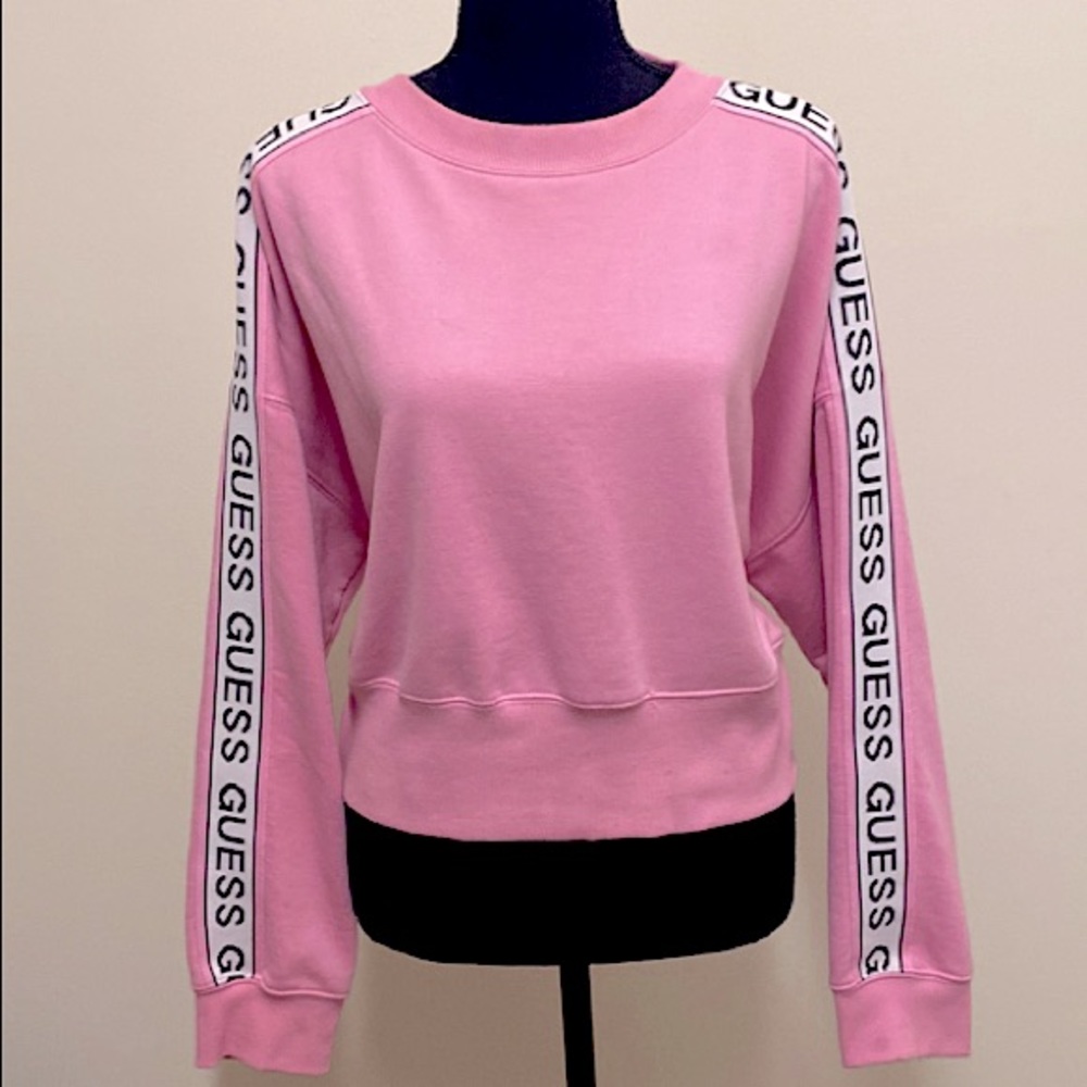 Guess Pink Cropped Crewneck Pullover Monogrammed Arms Sweater